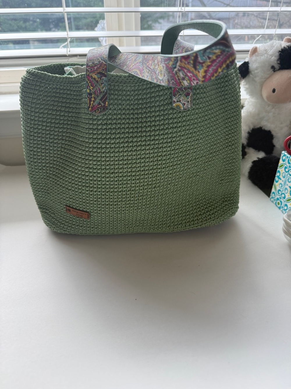 Green Knit Tote Bag with Paisley Strap